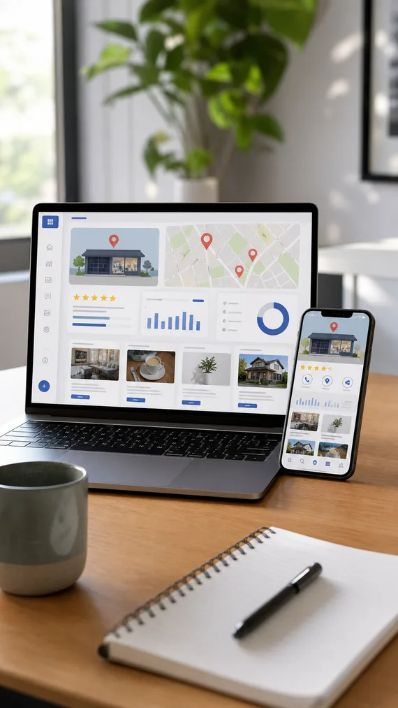 Laptop and phone showing a local business profile dashboard